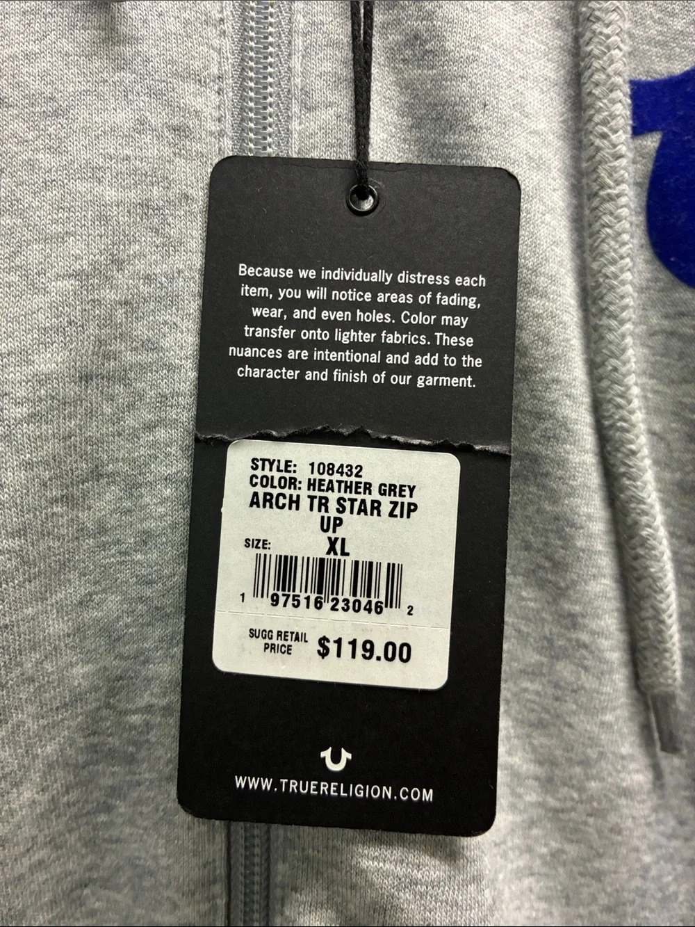 True Religion Heather Gray Full-Zip Hoodie with Blue Logo